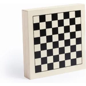 A black and white checkerboard with a wooden frame, featuring alternating squares in black and cream.