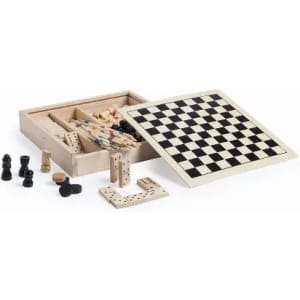 A wooden chess set featuring a black and white board, pieces, and a storage box.