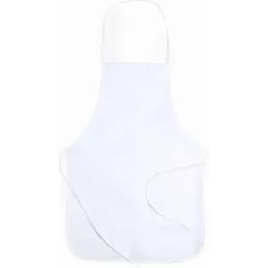A white cooking apron with a simple design and adjustable neck strap, featuring a front pocket.