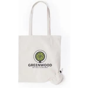 A canvas tote bag in natural colour with a logo and a drawstring pouch for storage.