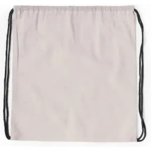 A drawstring bag in a neutral beige colour with black drawstrings. It features a simple design and no visible logos.