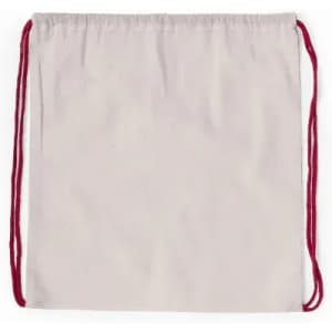 A drawstring backpack in a light cream colour with burgundy cords on either side.