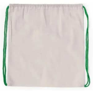A drawstring bag in off-white with green cords. Simple design with no visible branding or logos.