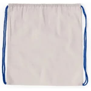 A drawstring bag in cream with blue cords. The bag features a plain design without visible markings.