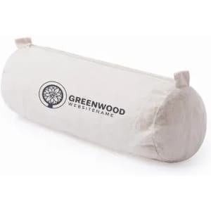 A cylindrical cushion in light beige with a logo printed on the surface.