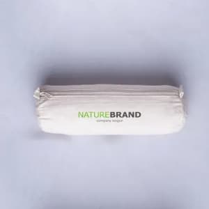 A white zippered pouch featuring a logo and text, with a smooth fabric surface.
