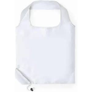 A reusable bag in white with a rounded handle, compactly folded into a small pouch for easy storage.