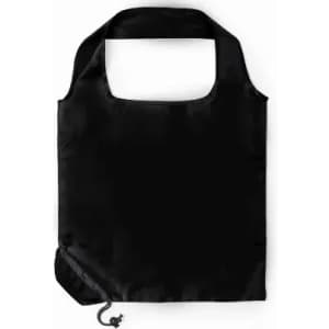 A black reusable tote bag with handles and a drawstring closure at the bottom. Features a logo on one side.