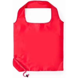 A red reusable tote bag with a drawstring closure and a handle at the top. It features a simple design.