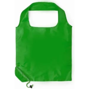 A green promotional bag with a rounded handle and a drawstring closure, featuring a logo.