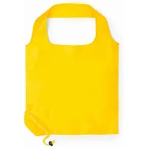 A yellow reusable tote bag with a distinctive handle and a drawstring closure at the bottom.