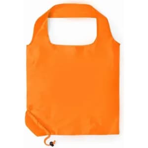 An orange tote bag with a rounded handle and a drawstring closure at the bottom. Features a logo on one side.