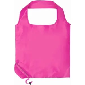 A pink reusable tote bag featuring a drawstring closure and a simple handle at the top. It has a branding logo.