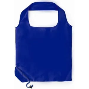 A reusable tote bag in a vibrant blue colour, featuring a simple handle and a drawstring closure at the bottom.