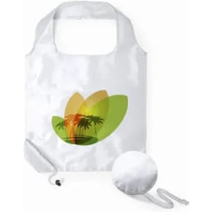 A foldable tote bag in white with a colourful palm tree design and a matching pouch for easy storage.