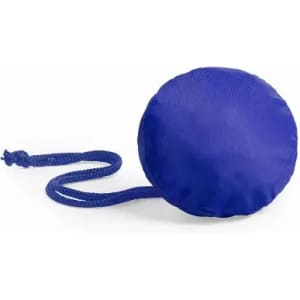 A blue promotional ball with a knotted rope attached. It features a simple design and a smooth surface.