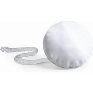 A white round promotional product with a braided strap. It has a simple design and a smooth surface.