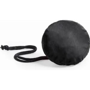A round black pouch with a braided handle, featuring a logo on the surface.
