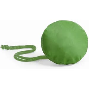 A green, round fan with a matching strap, designed for portable use. It has a simple, smooth surface.