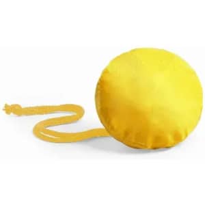 A yellow promotional product with a rounded shape and a long, thin strap. It features a logo.