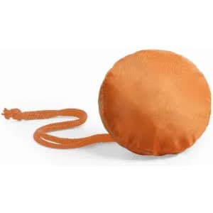 An orange promotional product with a round, soft design and a long attached strap. It features a logo.