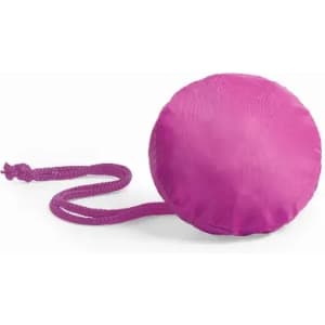 A round, bright pink product with a purple strap, featuring a smooth, shiny surface. It has a logo on it.