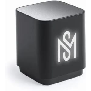 A compact black speaker with a smooth surface and a logo on the front, designed for modern aesthetics.
