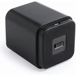 A drink bottle in matte black with a rectangular shape and a switch on the front, featuring a logo.