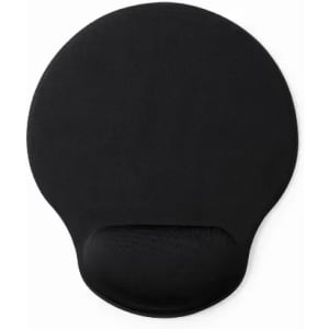 A round black mouse pad with a wrist rest, featuring a smooth surface and ergonomic design. It has a minimalist style.