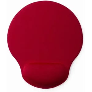 A drink bottle in a deep red shade with a rounded design and a curved base, featuring a logo.
