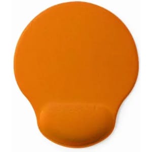 An orange promotional product with a rounded design and a small base, featuring a logo.