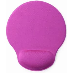 A drink bottle in vibrant pink with a textured grip and a rounded shape. It features a branding logo.
