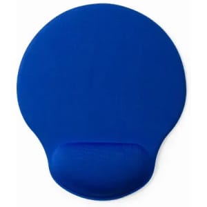 A blue promotional product with a circular design and a curved base. It features a logo.