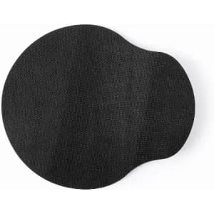 A black circular product with a unique shape, featuring a textured surface. It has a minimalist design.