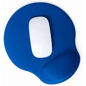 A blue mouse pad with a white mouse and a cushioned wrist rest. It has a smooth surface and rounded shape.