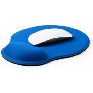 A blue mouse pad with a built-in wrist rest and a white computer mouse resting on it.