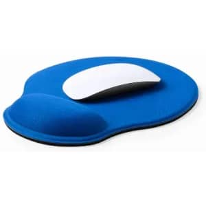 A blue ergonomic mouse pad featuring a raised wrist rest and a smooth surface for a mouse. It includes a logo.