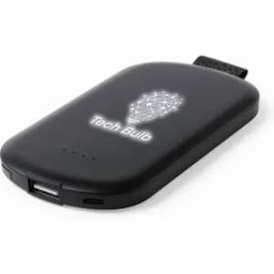 A portable charger in black with a logo on the surface and connectivity ports at one end.