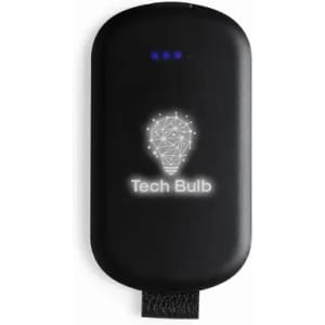 A tech device in black featuring a light bulb graphic and blue indicator lights. It has a logo on the front.