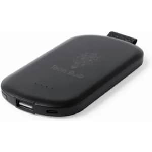 A black power bank with a compact design, featuring a USB port and a branding logo.