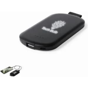 A portable charger in black with a logo, featuring a USB port and a small card attached.