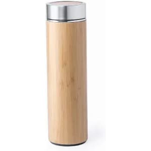 A drink bottle made of bamboo with a silver metal top, featuring a sleek and modern design.