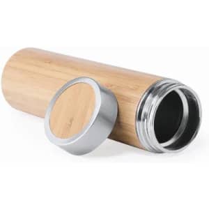 A bamboo drink bottle with a silver screw cap, featuring a sleek cylindrical design.