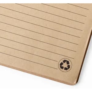 A notebook with a recycled brown kraft cover, featuring lined pages and a small recycling logo in the corner.