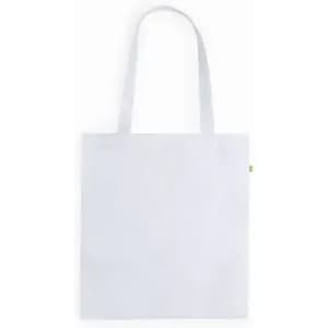 A white tote bag with long handles, featuring a minimalistic design and no visible branding.