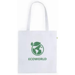 A white tote bag featuring a green logo of a globe with a leaf and the text "ECOWORLD".