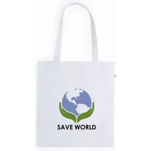 A white tote bag featuring a globe and green hands, with a logo and text promoting environmental awareness.