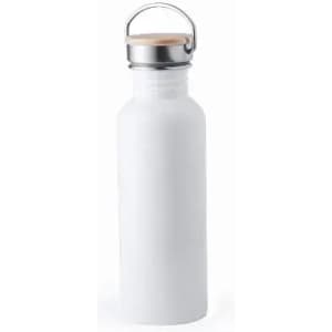 A drink bottle in white with a metal cap and wooden detail, featuring a logo.
