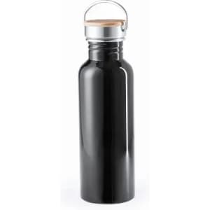 A drink bottle in glossy black with a silver cap and a wooden lid, featuring a stainless steel body and a handle.