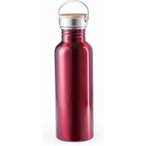 A drink bottle in a shiny red finish with a silver cap and a wooden handle. It features a logo.